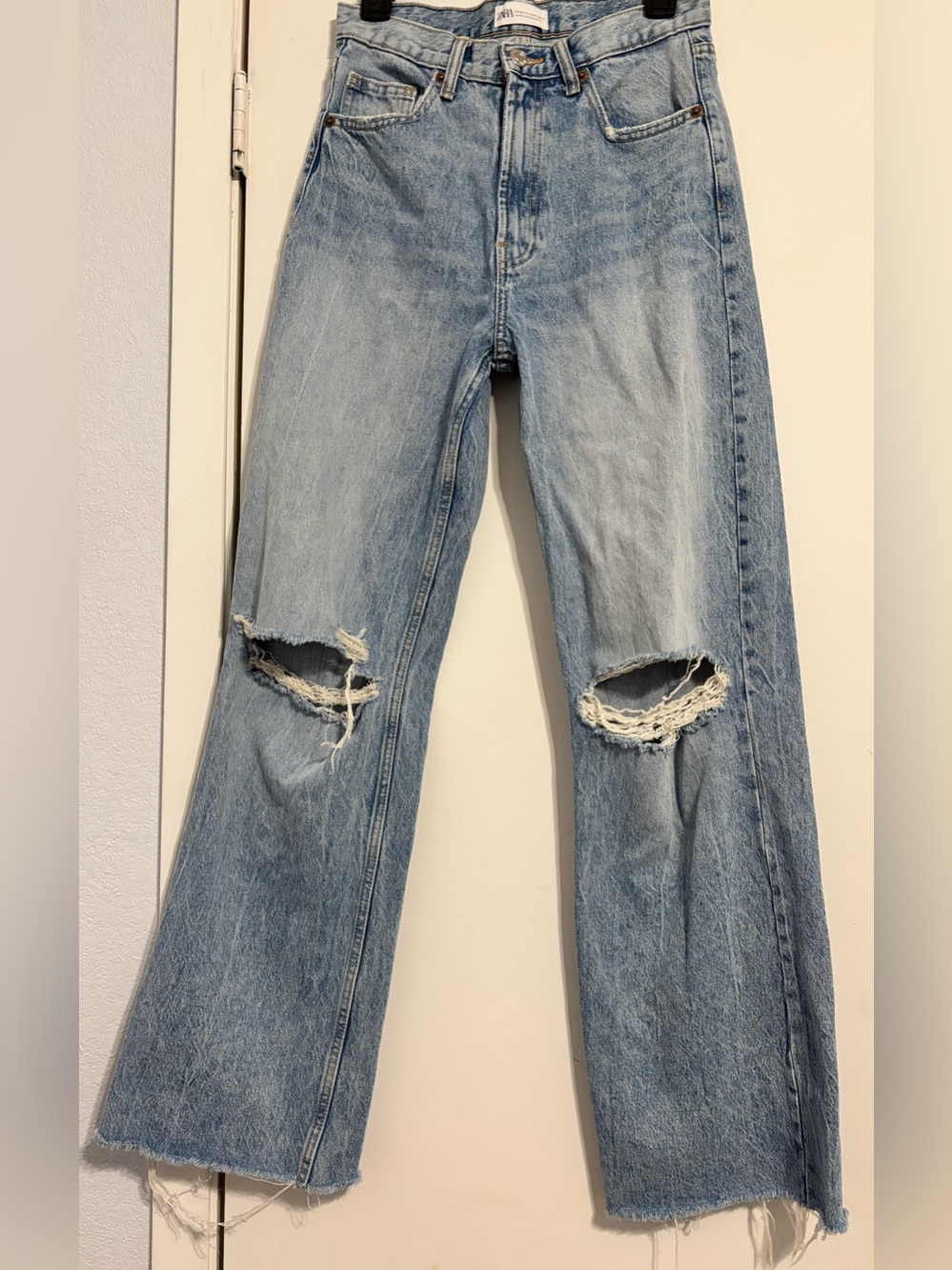 Zara Light Blue Distressed Wide-Leg Jeans